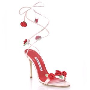 Manolo Blahnik Pink Red Green Xiafore Flower Embellished Ankle-Wrap Sandals